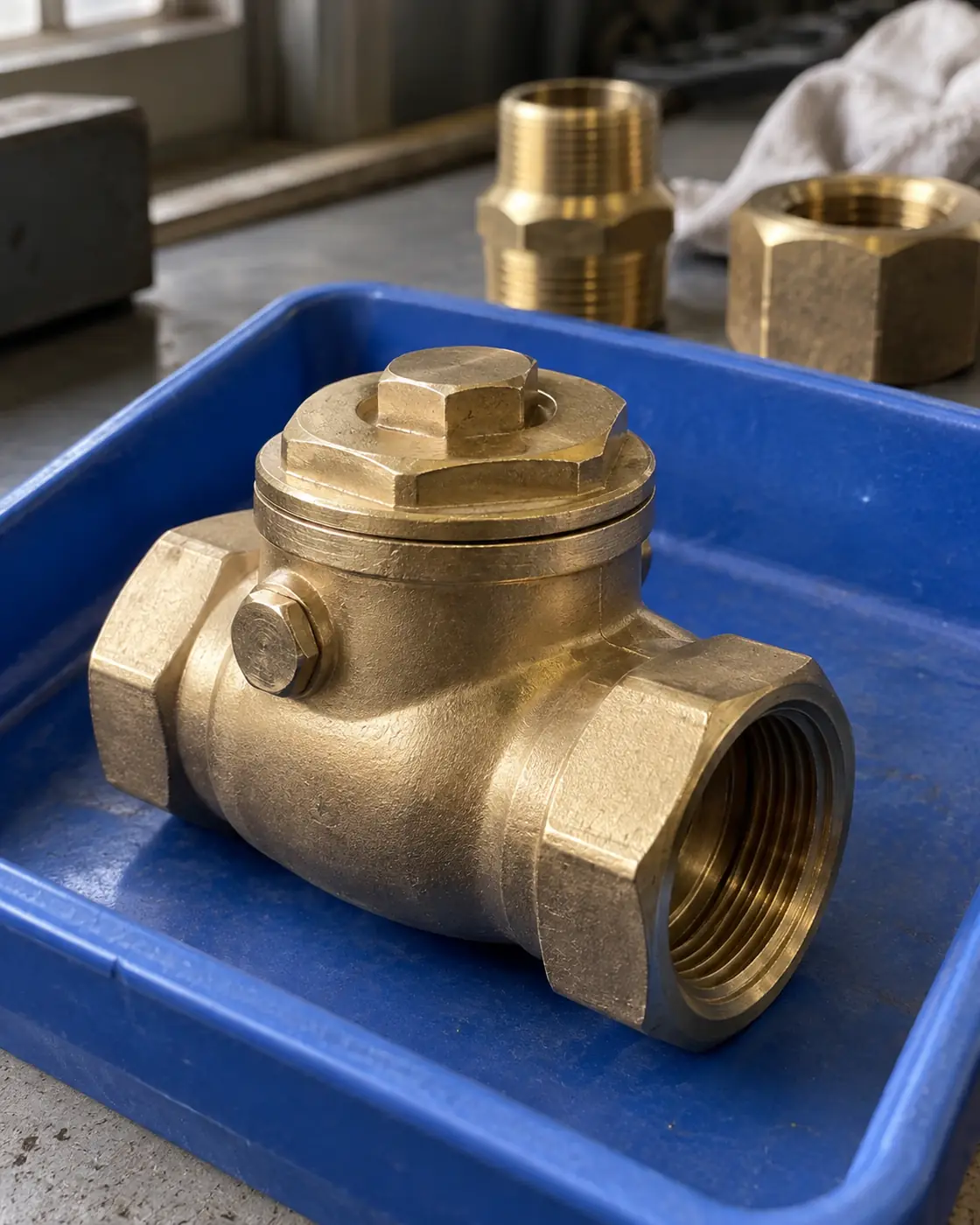 Brass check valve in a blue parts tray, the kind of product where a classification error can lead to a customs penalty