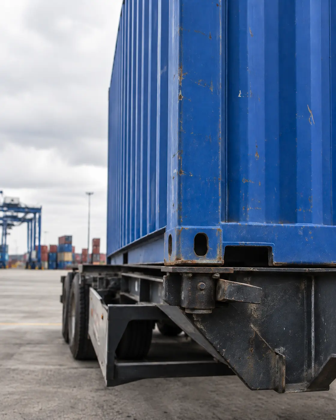 Blue shipping container on a chassis at a port terminal with gantry cranes behind