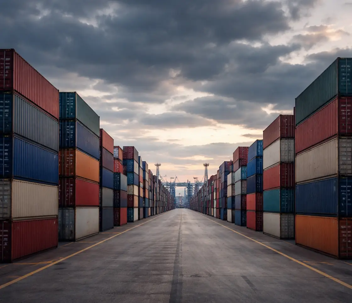 Rows of stacked shipping containers at a port yard, commercial imports awaiting Canadian customs clearance