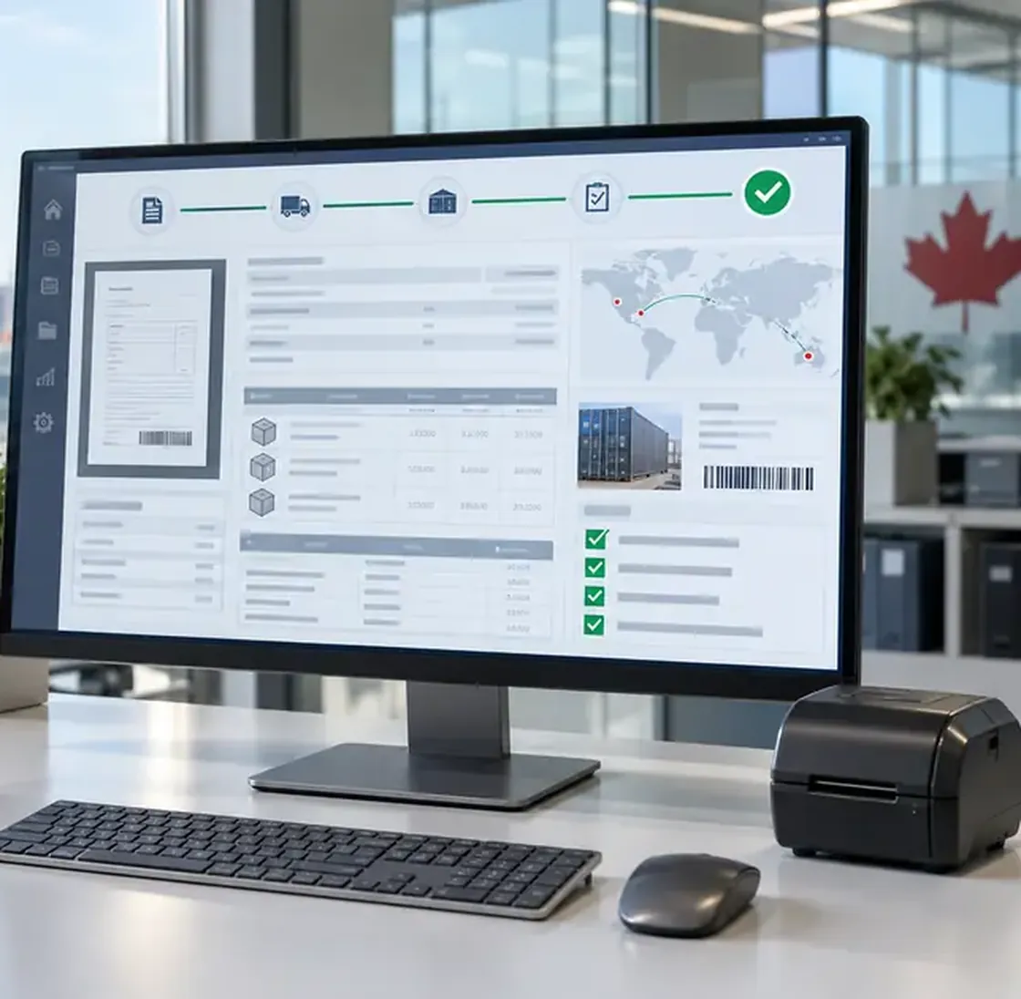 Customs compliance workflow on an office monitor, with a maple leaf on the office wall behind