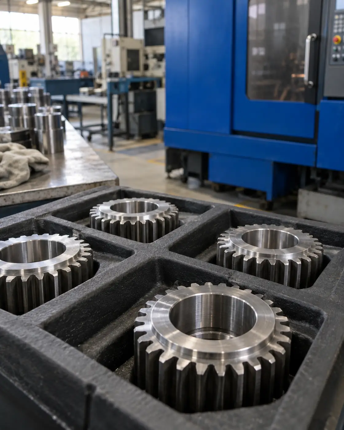 Machined steel gears in a foam tray on a factory floor, the kind of manufactured part whose CUSMA origin depends on where its materials came from