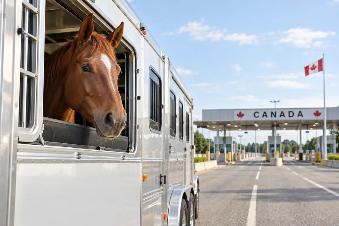 Chestnut horse looking out of an aluminum horse trailer approaching a Canadian border crossing