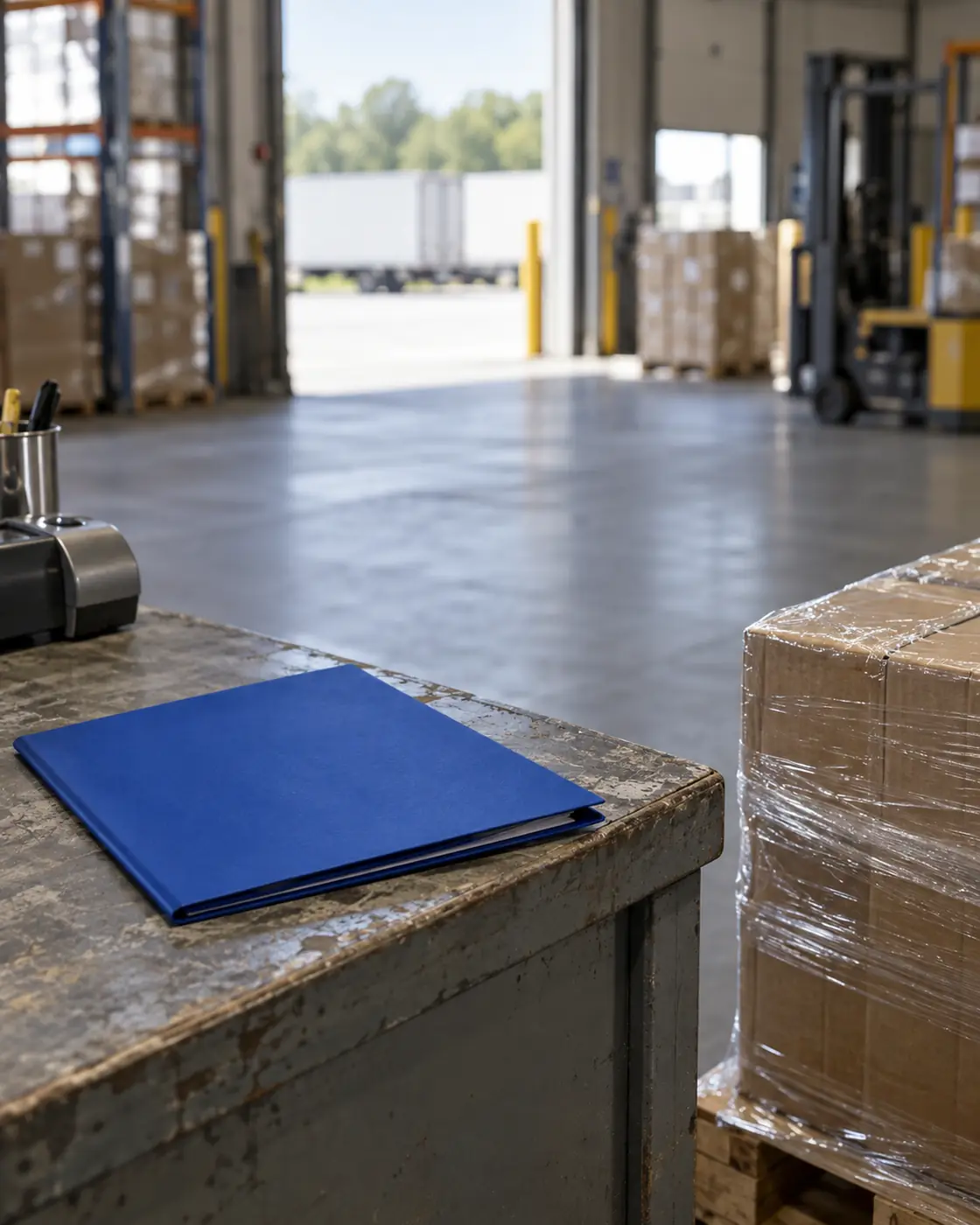 Commercial invoice folder on a warehouse desk beside a wrapped pallet awaiting customs clearance