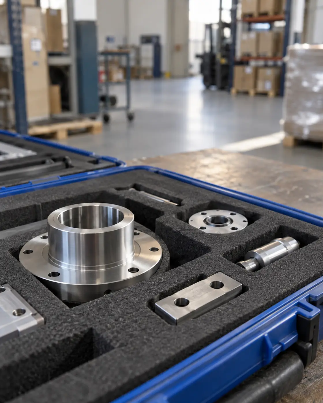 Machined metal parts in a foam-lined case, the kind of imported component whose duty can be refunded when the finished goods are exported