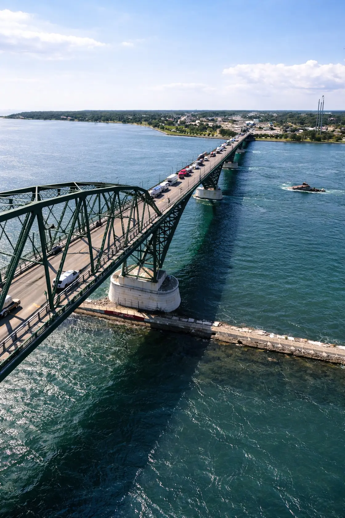 Aerial view of trucks crossing the Peace Bridge between Fort Erie, Ontario and Buffalo, New York