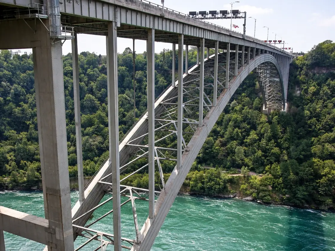 Steel arch of the Queenston-Lewiston Bridge over the Niagara River, the commercial border crossing at Queenston, Ontario