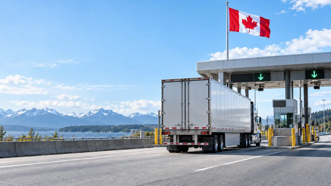 Transport truck approaching a Canadian border inspection booth under a Canadian flag, where a PARS release is checked on arrival