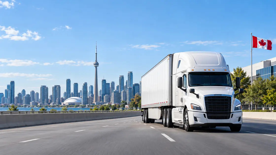 Transport truck on a highway beside the Toronto skyline, commercial freight moving through the GTA