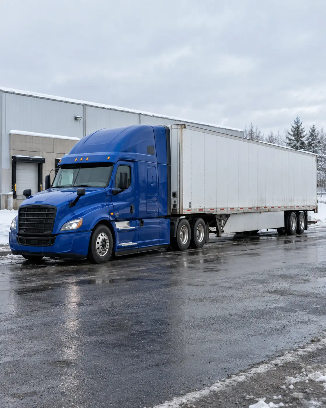Blue highway tractor and trailer parked outside a warehouse in winter, the kind of commercial vehicle that can go through the RIV process