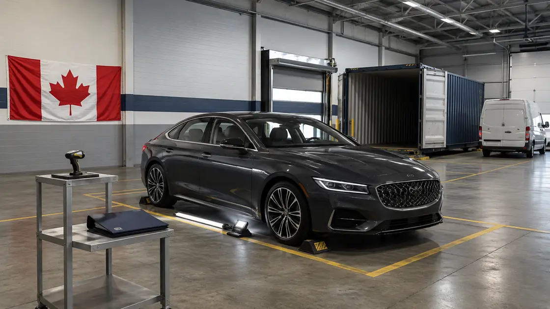Sedan in a warehouse inspection bay awaiting Canadian vehicle import clearance