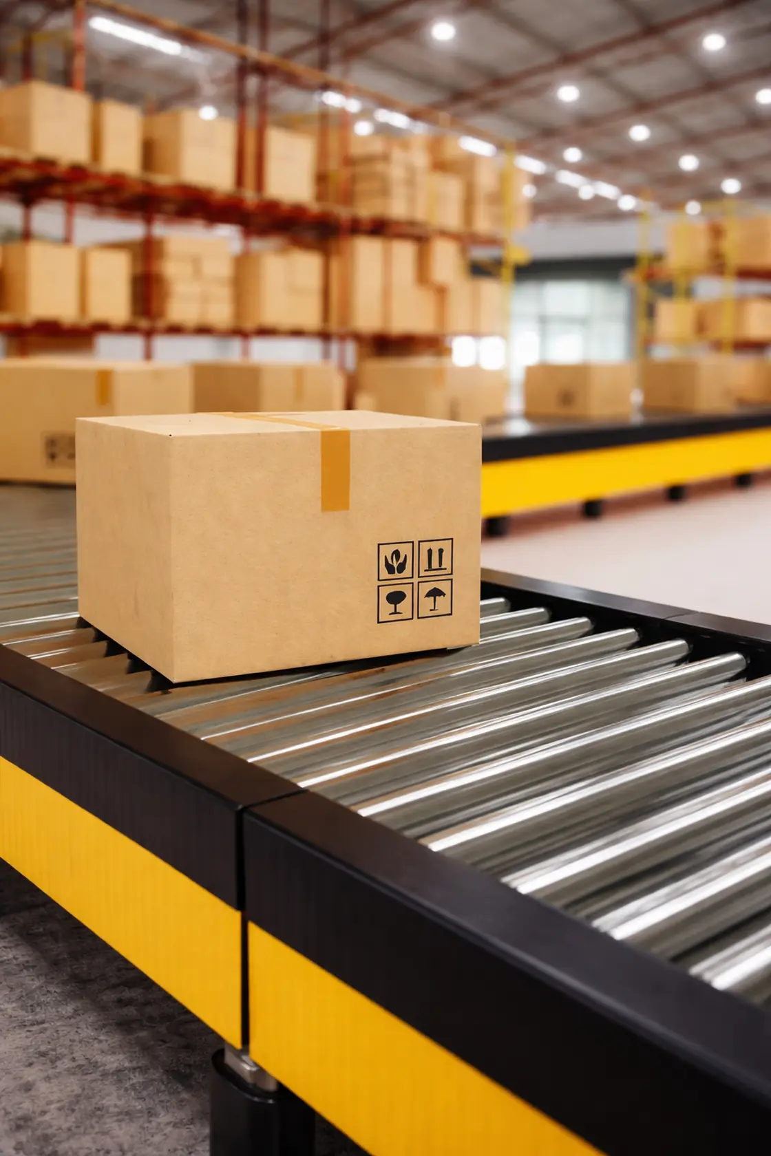 Sealed shipping carton on a warehouse roller conveyor, the kind of parcel moved through low value shipment clearance
