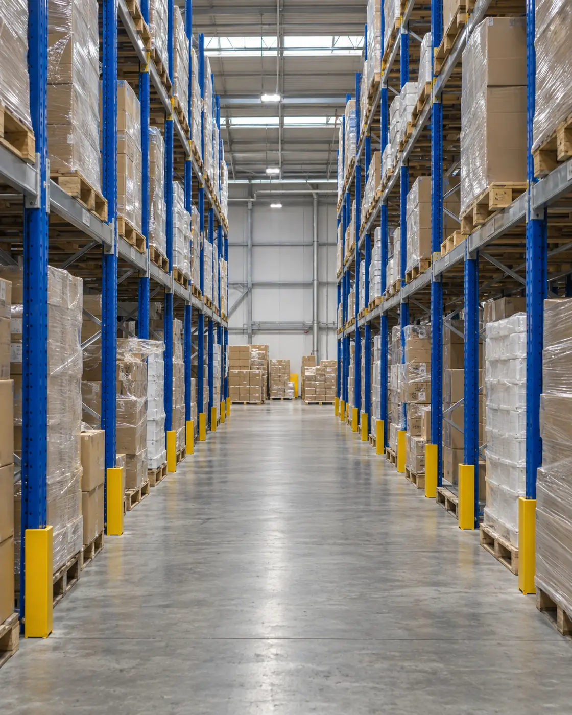 Tall warehouse racking stacked with boxed goods, the kind of mixed inventory where some products need permits or other agency approval